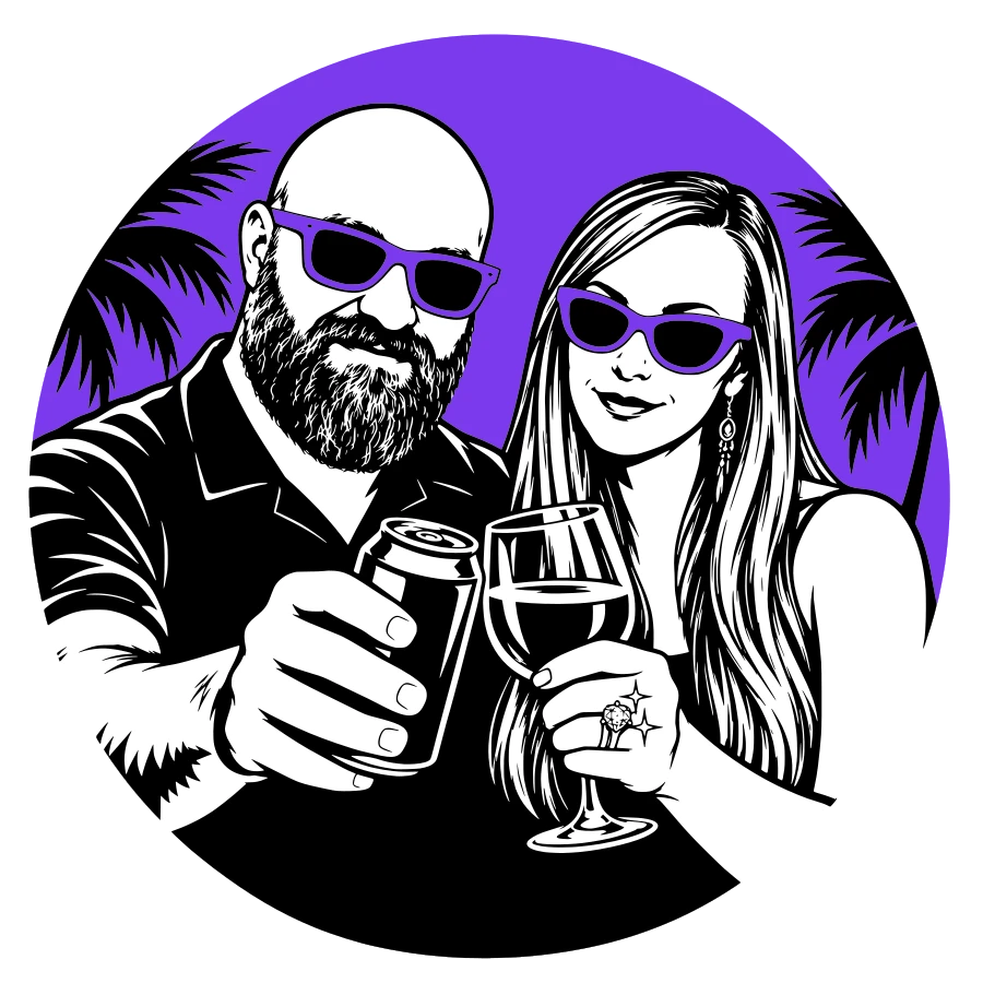 Illustration of Dustin and Kelly clinking a beer and a glass of wine